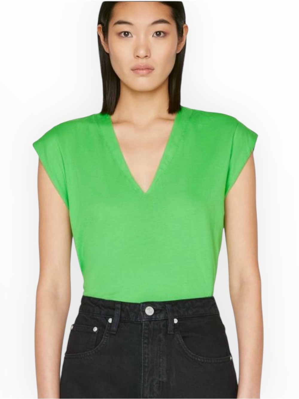 FRAME DENIM Le High Rise V Neck Tee  Cap Sleeve Green Peridot Size S